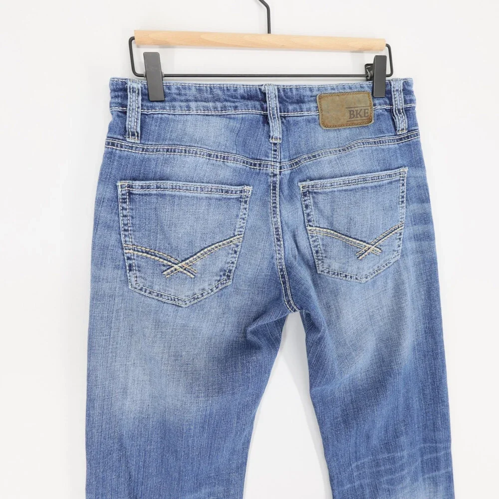 BKE Jake Jeans Mens 29XL Blue Bootcut Stretch Denim Whiskered Distressed